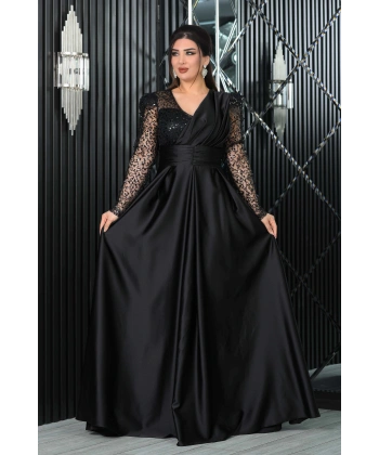 Saten İncili Payet Garnili V Dekolteli Uzun Elbise Abiye