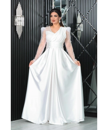 Saten İncili Payet Garnili V Dekolteli Uzun Elbise Abiye