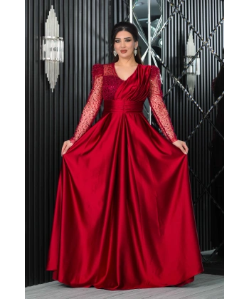 Saten İncili Payet Garnili V Dekolteli Uzun Elbise Abiye