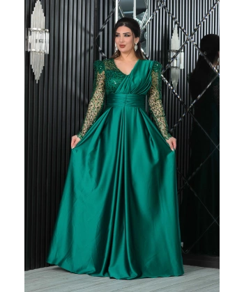 Saten İncili Payet Garnili V Dekolteli Uzun Elbise Abiye