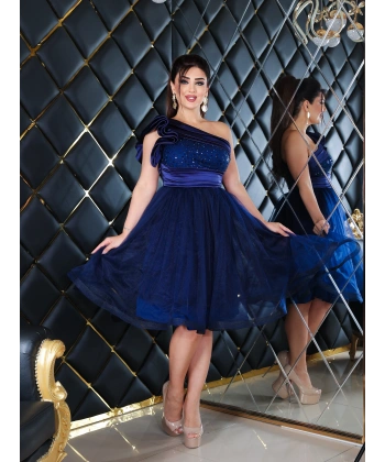 Saten İncili Payet Tül Tasarım Omuz Dekolteli Midi Elbise Abiye