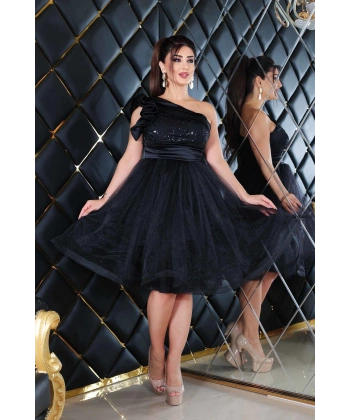 Saten İncili Payet Tül Tasarım Omuz Dekolteli Midi Elbise Abiye