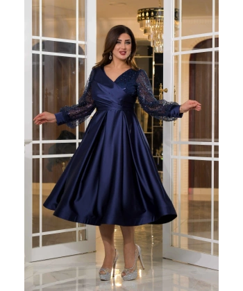 Saten İncili Tül Payet Tasarım V Dekolteli Diz Altı Elbise Abiye