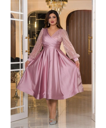 Saten İncili Tül Payet Tasarım V Dekolteli Diz Altı Elbise Abiye