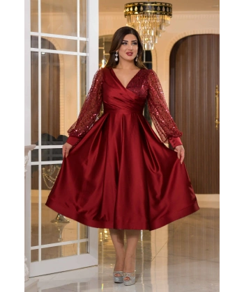 Saten İncili Tül Payet Tasarım V Dekolteli Diz Altı Elbise Abiye