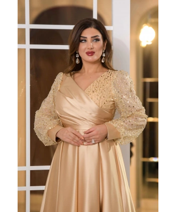 Saten İncili Tül Payet Tasarım V Dekolteli Diz Altı Elbise Abiye