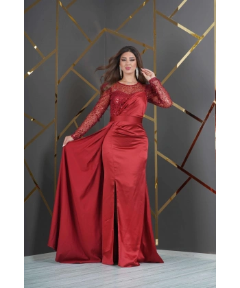 Saten Payet Tasarım Pelerinli Yırtmaçlı Uzun Elbise Abiye