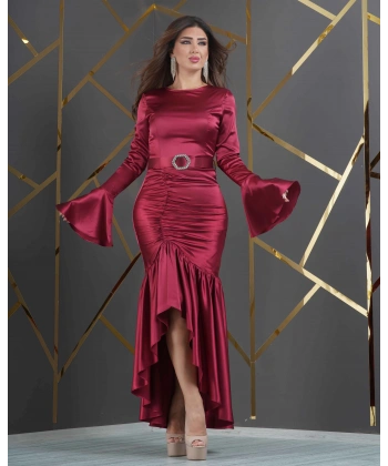 Saten Tasarım Bel Altı Pileli Önü Kısa Kol Uçları Pelerinli Kemerli Elbise Abiye