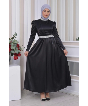 Saten Tasarım Beli Ve Boynu Taşlı Tesettür Abiye