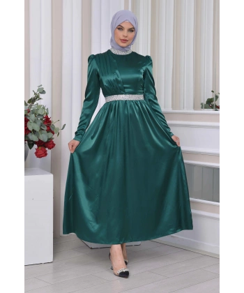 Saten Tasarım Beli Ve Boynu Taşlı Tesettür Abiye