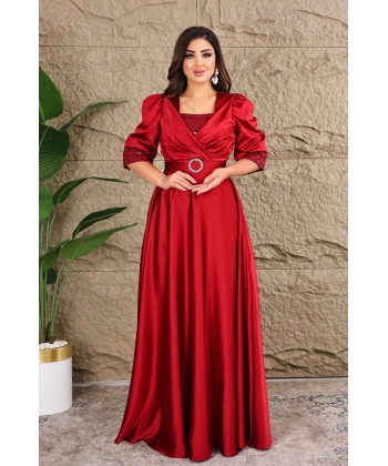 Saten Tasarım İncili Payet Aksesuarlı Uzun Elbise Abiye