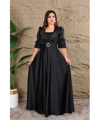 Saten Tasarım İncili Payet Aksesuarlı Uzun Elbise Abiye