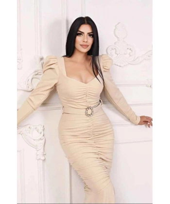 Scuba Krep Tasarım Pileli Dekolteli Balık Uzun Şık Elbise Abiye