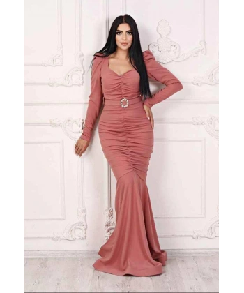 Scuba Krep Tasarım Pileli Dekolteli Balık Uzun Şık Elbise Abiye