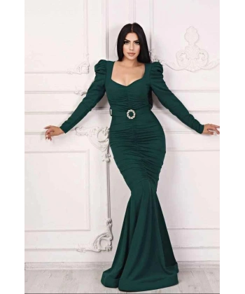 Scuba Krep Tasarım Pileli Dekolteli Balık Uzun Şık Elbise Abiye