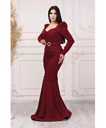 Scuba Krep Tasarım Pileli Dekolteli Balık Uzun Şık Elbise Abiye