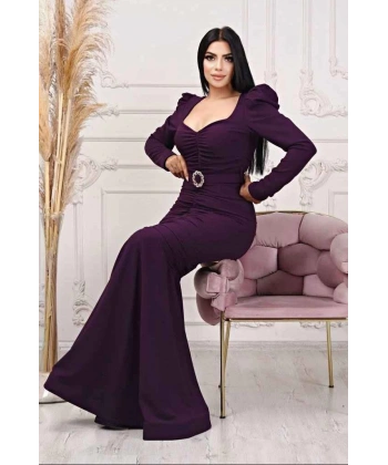 Scuba Krep Tasarım Pileli Dekolteli Balık Uzun Şık Elbise Abiye