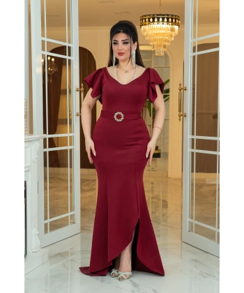 Scuba Tasarım Dekolteli Yırtmaçlı Elbise Abiye