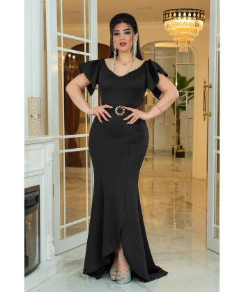 Scuba Tasarım Dekolteli Yırtmaçlı Elbise Abiye