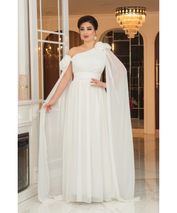 Şifon Tasarım Gül Aksesuarlı Kolları Pelerinli Uzun Elbise Abiye