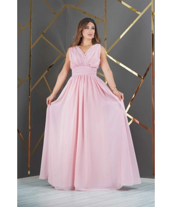 Şifon Tasarım Kolsuz V Dekolteli Uzun Elbise Abiye