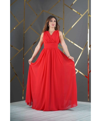 Şifon Tasarım Kolsuz V Dekolteli Uzun Elbise Abiye