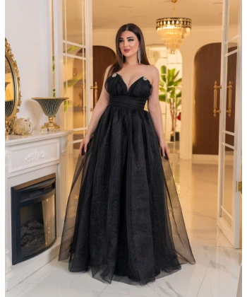 Simli Dalya V Yaka Uzun Prenses Abiye Elbise