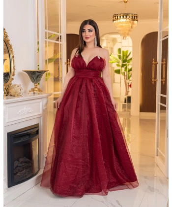 Simli Dalya V Yaka Uzun Prenses Abiye Elbise