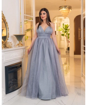 Simli Dalya V Yaka Uzun Prenses Abiye Elbise