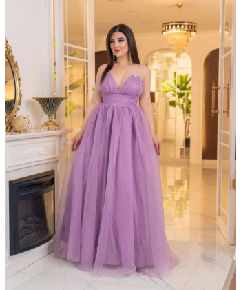 Simli Dalya V Yaka Uzun Prenses Abiye Elbise