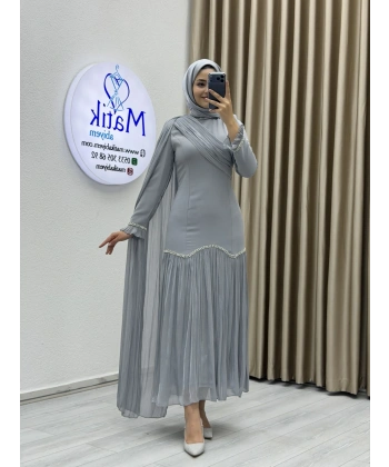 Sofia Kumaş Şifon Detaylı Abiye Elbise