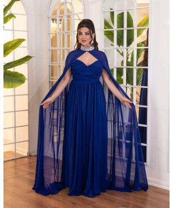 Taş İşlemeli Yaka Detaylı Şifon Pelerinli Uzun Abiye Elbise