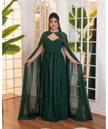 Taş İşlemeli Yaka Detaylı Şifon Pelerinli Uzun Abiye Elbise