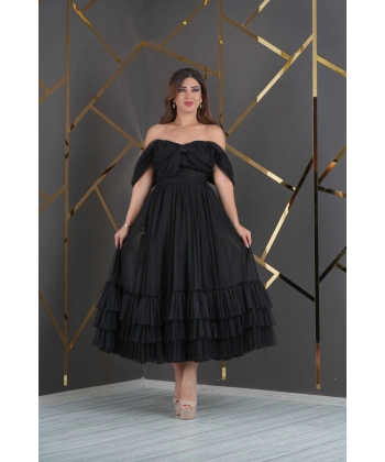 Tül Tasarım Omuz Göğüs Dekolteli Eteği Kat Kat Uzun Abiye