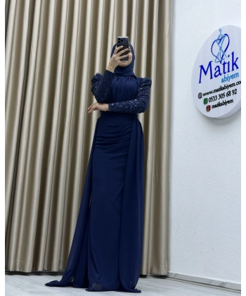 Uzun Kollu Drapeli Detaylı Şifon Abiye Elbise