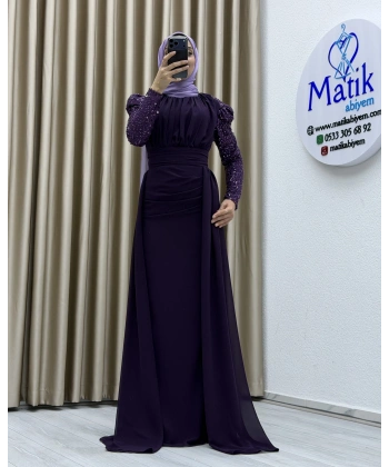 Uzun Kollu Drapeli Detaylı Şifon Abiye Elbise