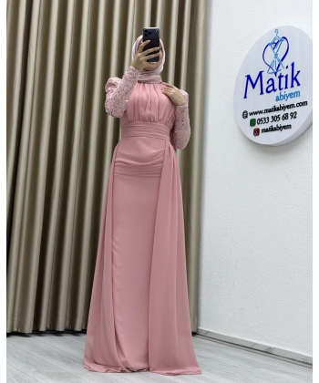 Uzun Kollu Drapeli Detaylı Şifon Abiye Elbise