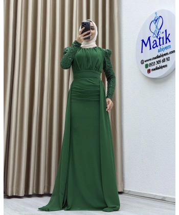 Uzun Kollu Drapeli Detaylı Şifon Abiye Elbise