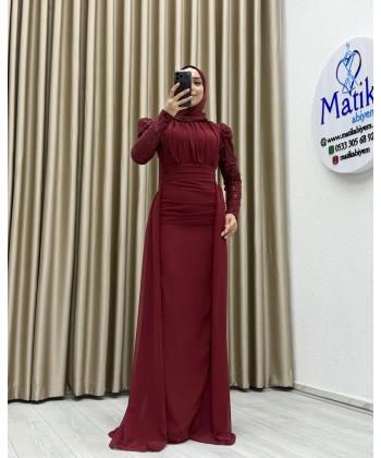 Uzun Kollu Drapeli Detaylı Şifon Abiye Elbise