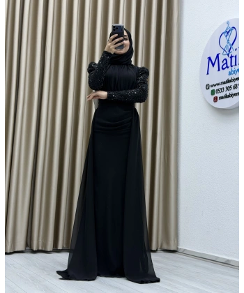 Uzun Kollu Drapeli Detaylı Şifon Abiye Elbise