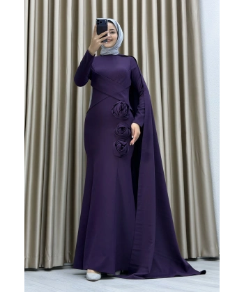 Zarif Drapeli Çiçek Detaylı Tesettür Abiye – Kuyruklu Modern Özel Gün Elbisesi