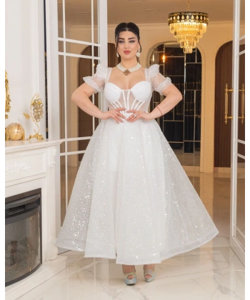 Zarif Işıltılı Tül Etekli, Korse Detaylı, Balon Kol Özel Tasarım Midi Gelinlik / Abiye Elbise