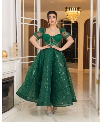 Zarif Işıltılı Tül Etekli, Korse Detaylı, Balon Kol Özel Tasarım Midi Gelinlik / Abiye Elbise