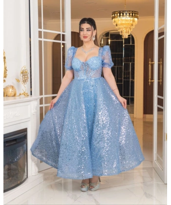 Zarif Işıltılı Tül Etekli, Korse Detaylı, Balon Kol Özel Tasarım Midi Gelinlik / Abiye Elbise