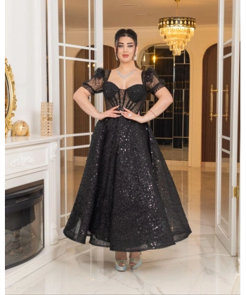 Zarif Işıltılı Tül Etekli, Korse Detaylı, Balon Kol Özel Tasarım Midi Gelinlik / Abiye Elbise