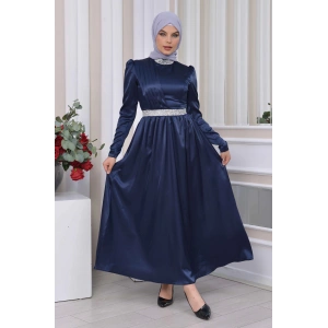 Saten Tasarım Beli Ve Boynu Taşlı Tesettür Abiye