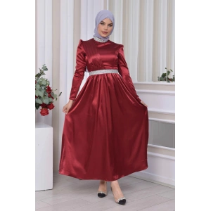 Saten Tasarım Beli Ve Boynu Taşlı Tesettür Abiye