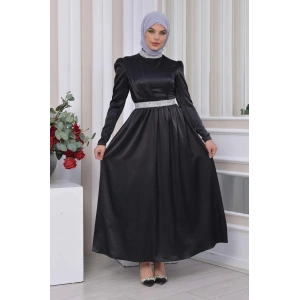 Saten Tasarım Beli Ve Boynu Taşlı Tesettür Abiye