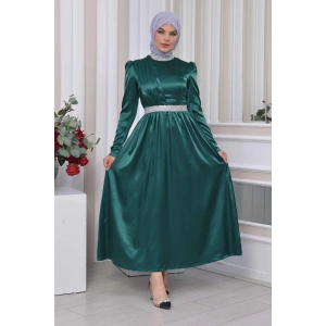 Saten Tasarım Beli Ve Boynu Taşlı Tesettür Abiye