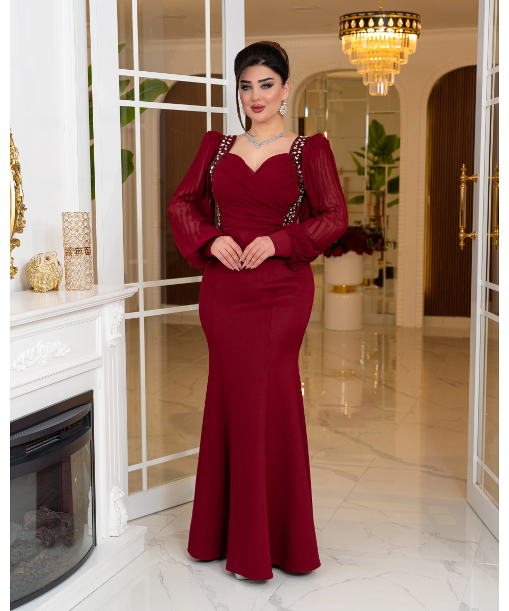 Taş Detaylı Şifon Kollu Balık Form Uzun Abiye Elbise